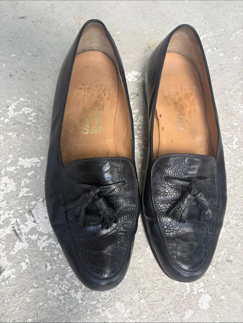 Ferragamo ostrich tassel loafers